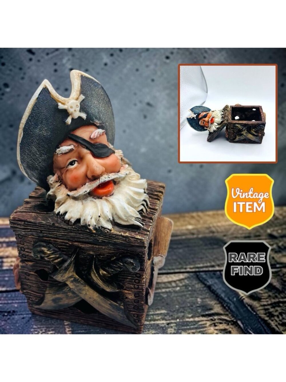 Vintage Resin Pirate Captain Novelty Trinket Box Figurine. RARE!